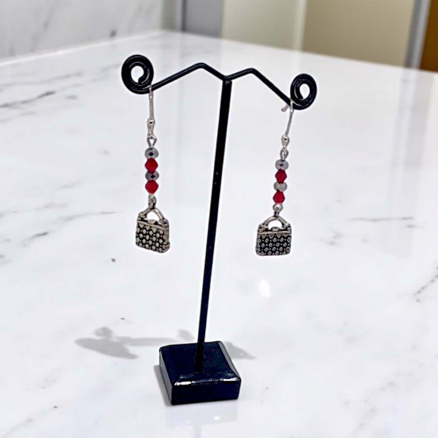 Red Vanity Hand Bag Earrings