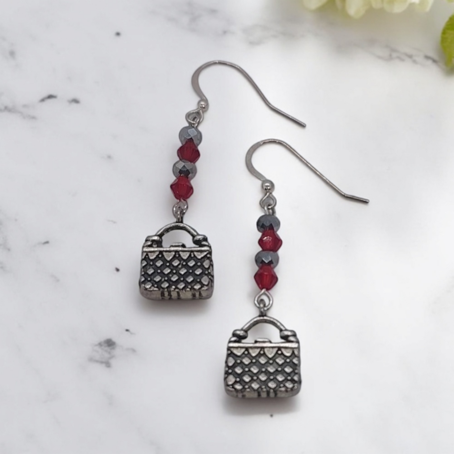 Red Vanity Hand Bag Earrings