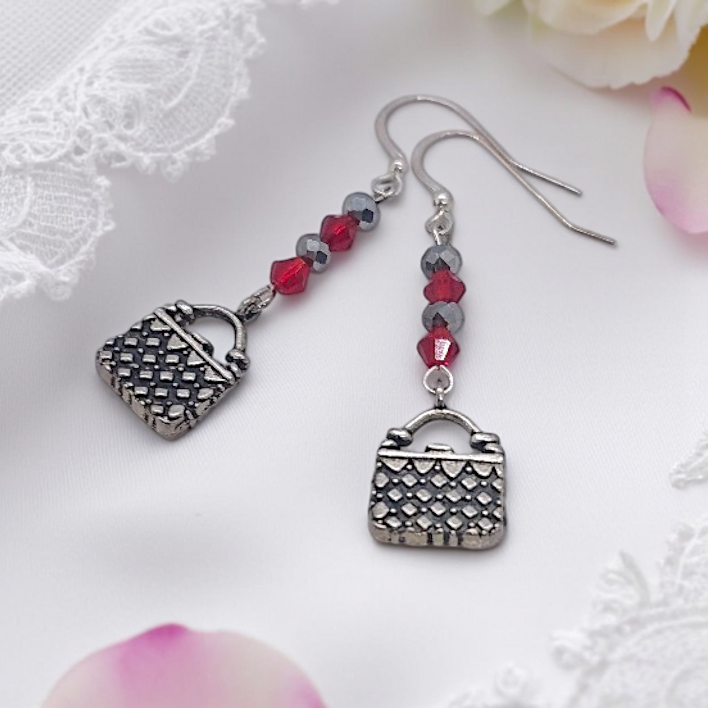 Red Vanity Hand Bag Earrings