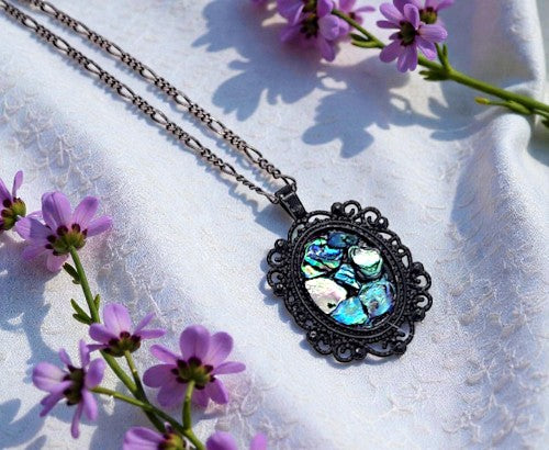 Lustre NZ Paua shell gothic frame pendant