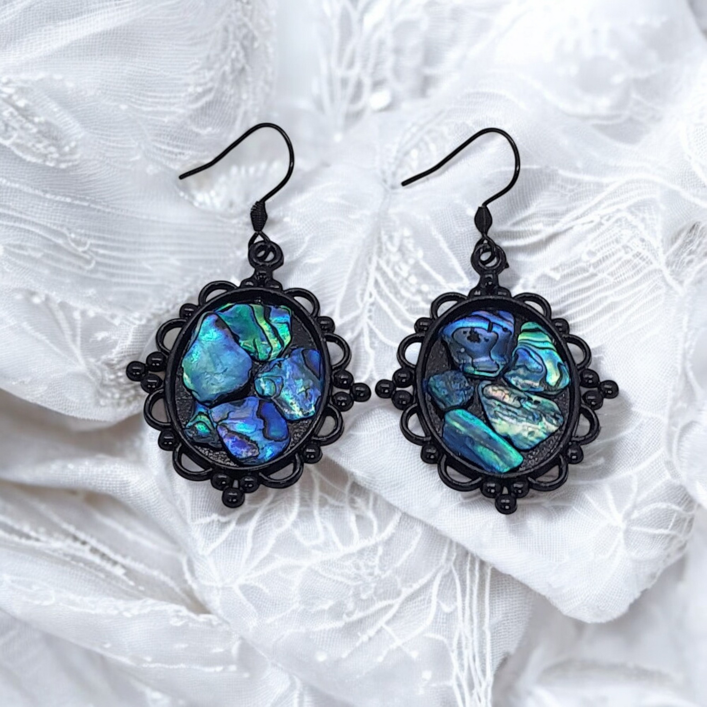 Lustre NZ Paua shell gothic frame earrings